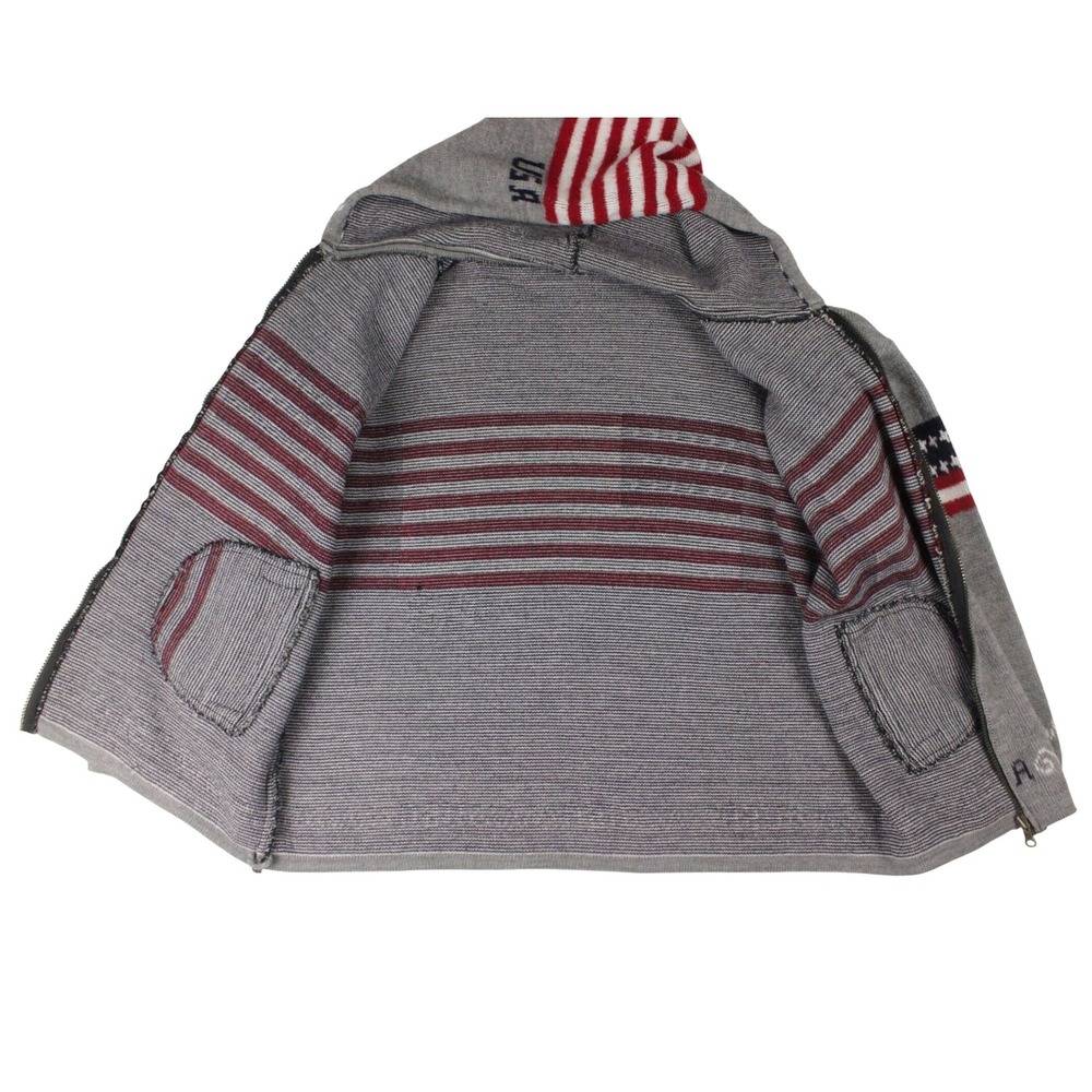 Vintage USA Flag Wool Hooded Zip Sweater Jacket Gray Patriotic Large - Picture 4 of 9